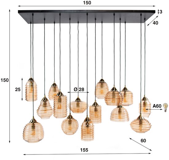 Pendant Lamp Rib Glass 5+5+5 lights / Amber glass