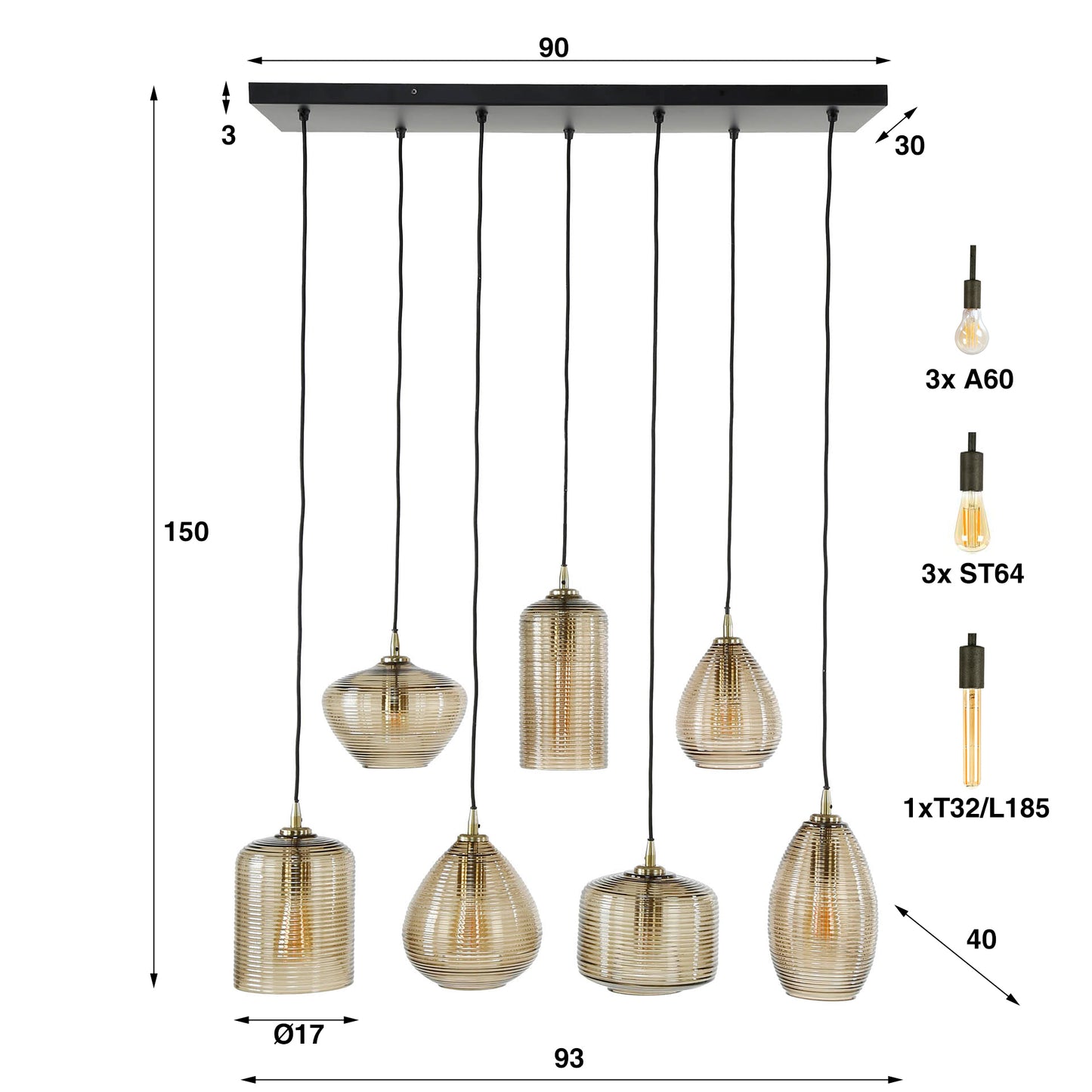 Hanglamp Amber - 7 glazen kapjes verstelbaar