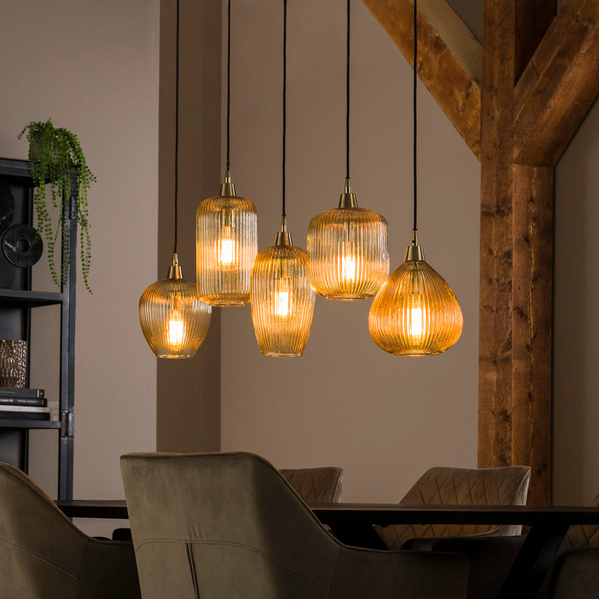 Hanglamp Amberglas - 5 verstelbare kappen